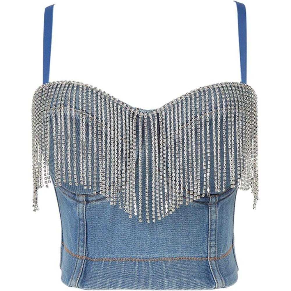 imagemeilun Womens Glitter Rhinestone Diamond Jean Bustier 3D Crop Top Floral Corset Bra Clubwear for PartyJeantassels