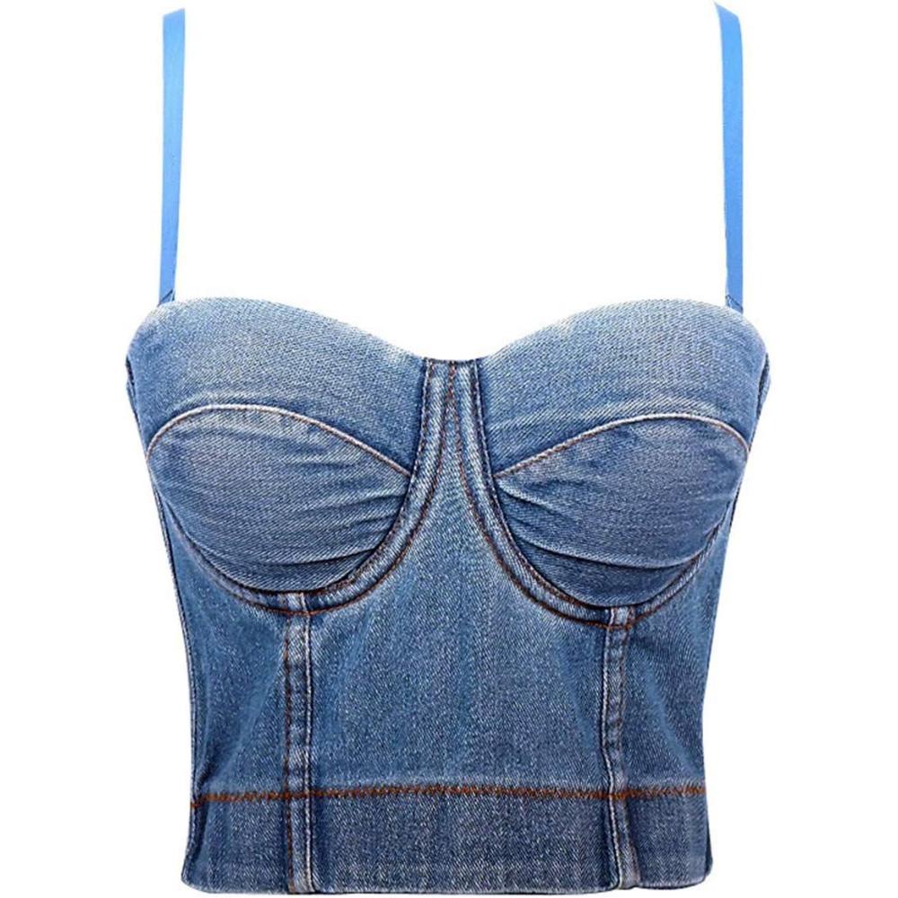 imagemeilun Womens Glitter Rhinestone Diamond Jean Bustier 3D Crop Top Floral Corset Bra Clubwear for PartyPure Jeans