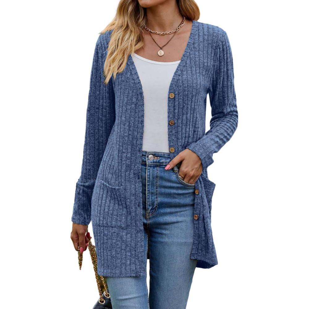 imagemeilun Womens Knit Cardigan Coat FallWinter Style with WaistDefining Fit and Long LengthBlue