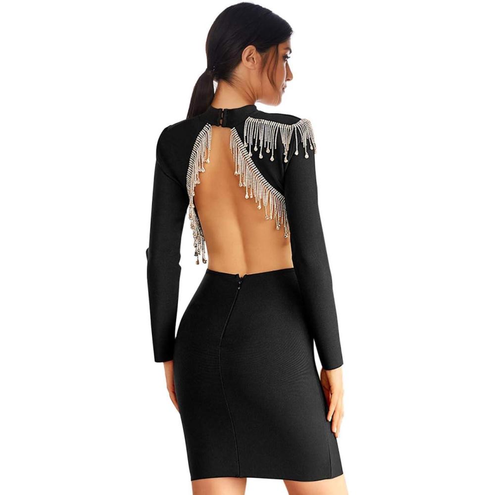imagemeilun Womens Long Sleeve Bandage Winter Beaded Tassel Dress Bodycon Dress Club Party DressesBlack