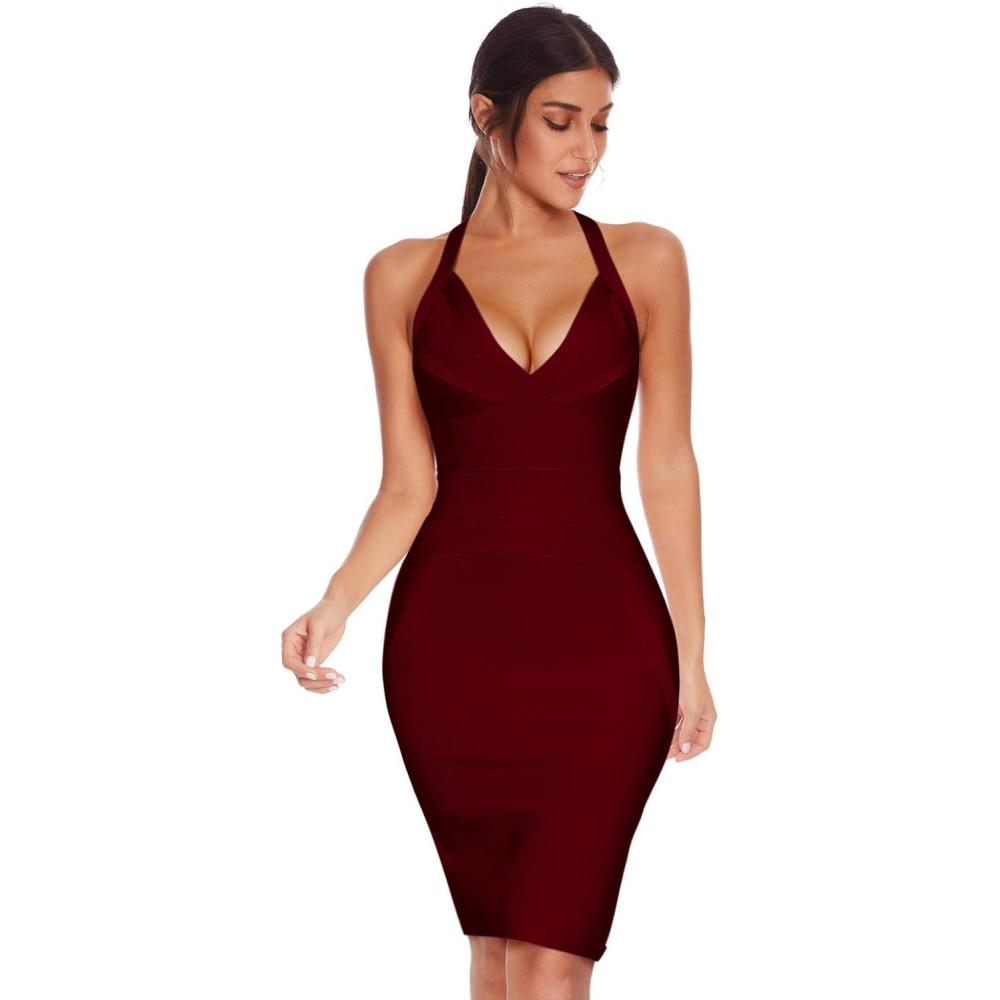 imagemeilun Womens V Neck Strap Midi Length Bodycon Bandage Party Dress L Wine1
