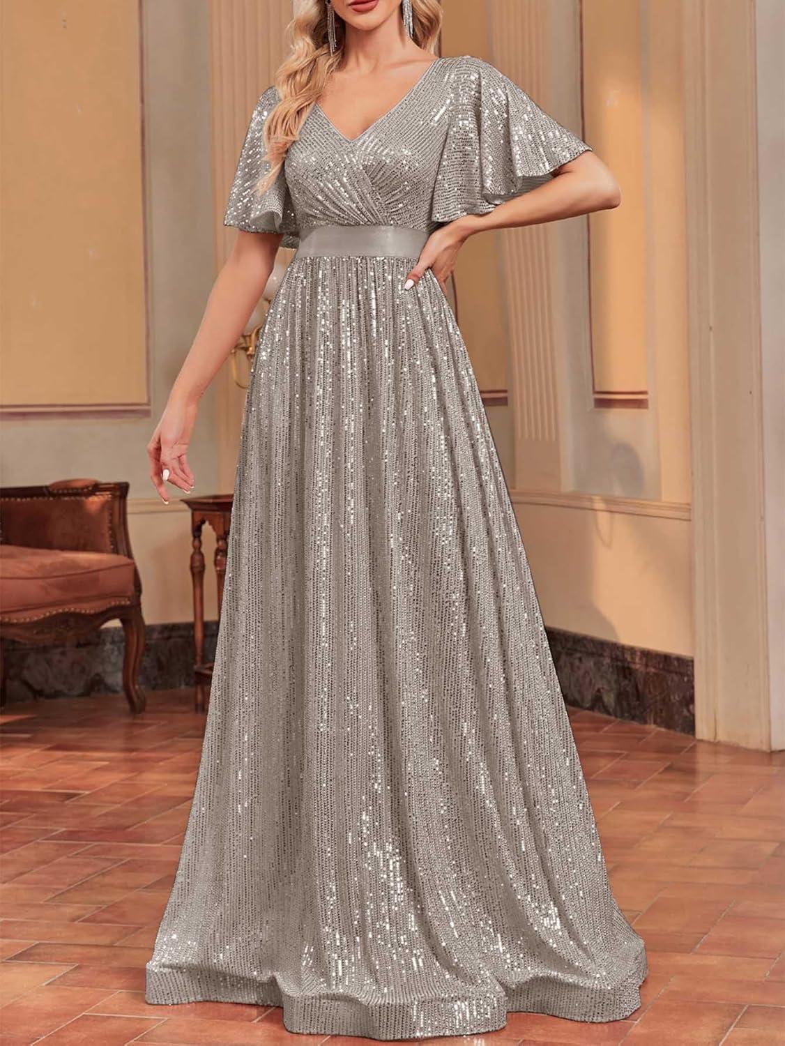 imagemeilun Cap Sleeve Double VNeck Sequin Maxi Dress Formal Dress Prom Evening GownsAgrey