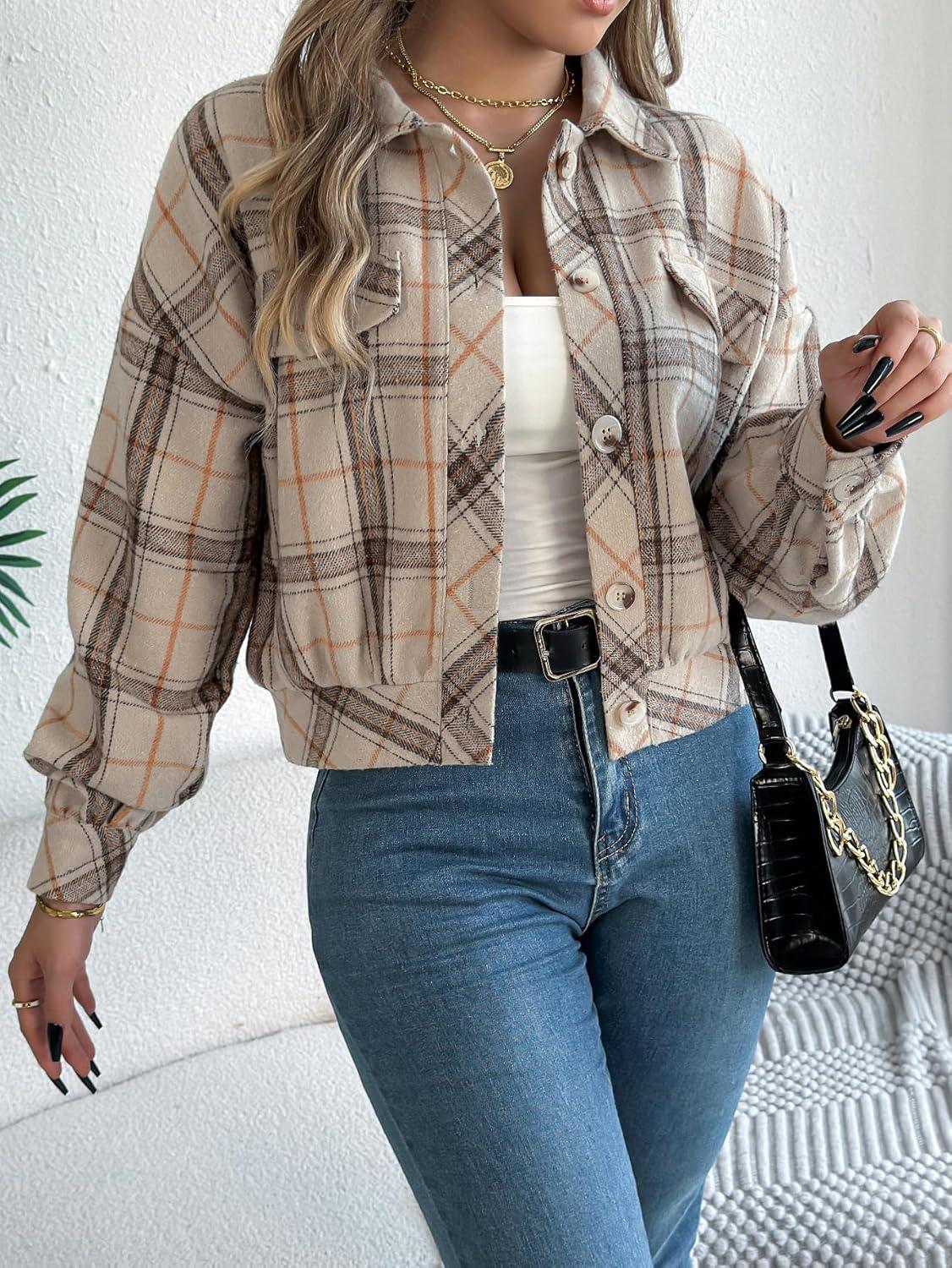 imagemeilun Checkered Faux Pocket LongSleeve Wool Blend Jacket Short Coat for FallWinterBeige