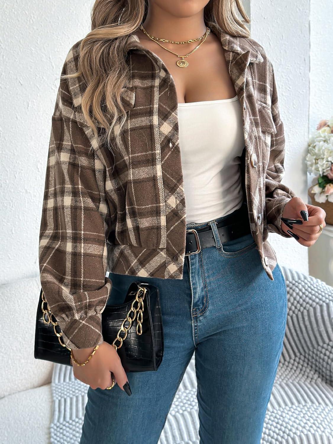 imagemeilun Checkered Faux Pocket LongSleeve Wool Blend Jacket Short Coat for FallWinterCoffee