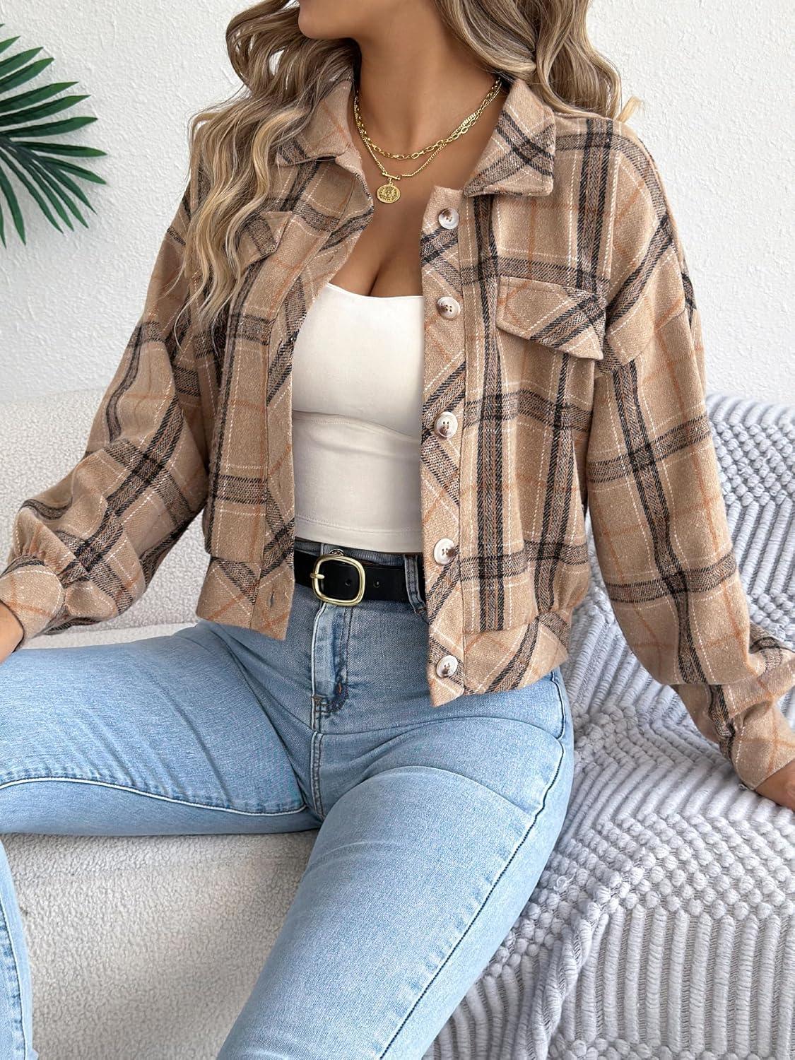 imagemeilun Checkered Faux Pocket LongSleeve Wool Blend Jacket Short Coat for FallWinterKhaki