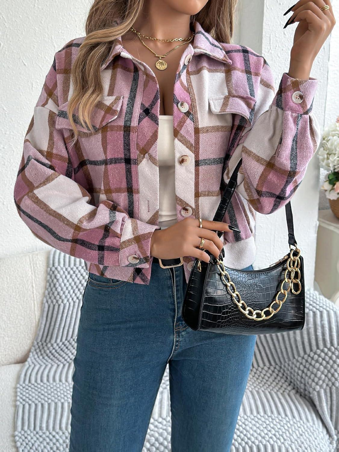 imagemeilun Checkered Faux Pocket LongSleeve Wool Blend Jacket Short Coat for FallWinterPink