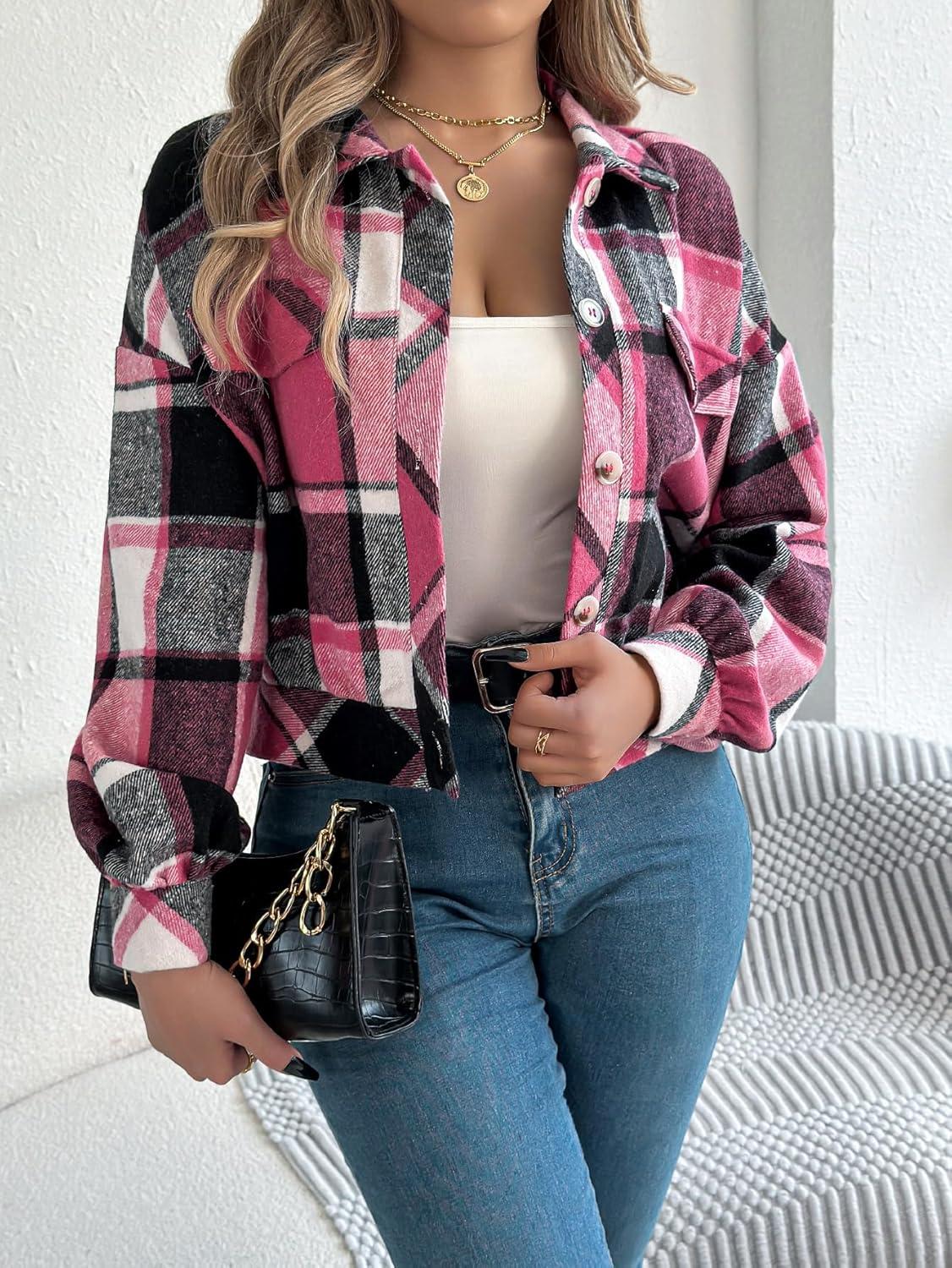 imagemeilun Checkered Faux Pocket LongSleeve Wool Blend Jacket Short Coat for FallWinterRose