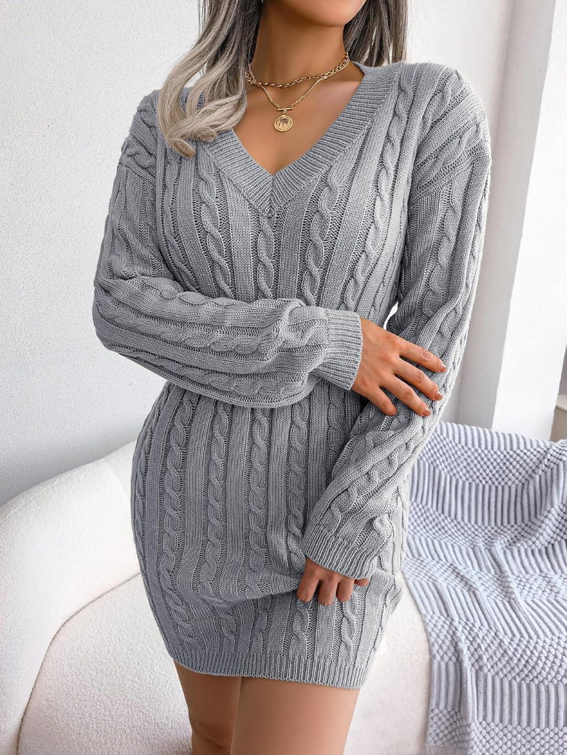 imagemeilun Fitted TwistDetail Pencil Skirt Dress VNeck Fitted Casual Dress FallWinterGrey
