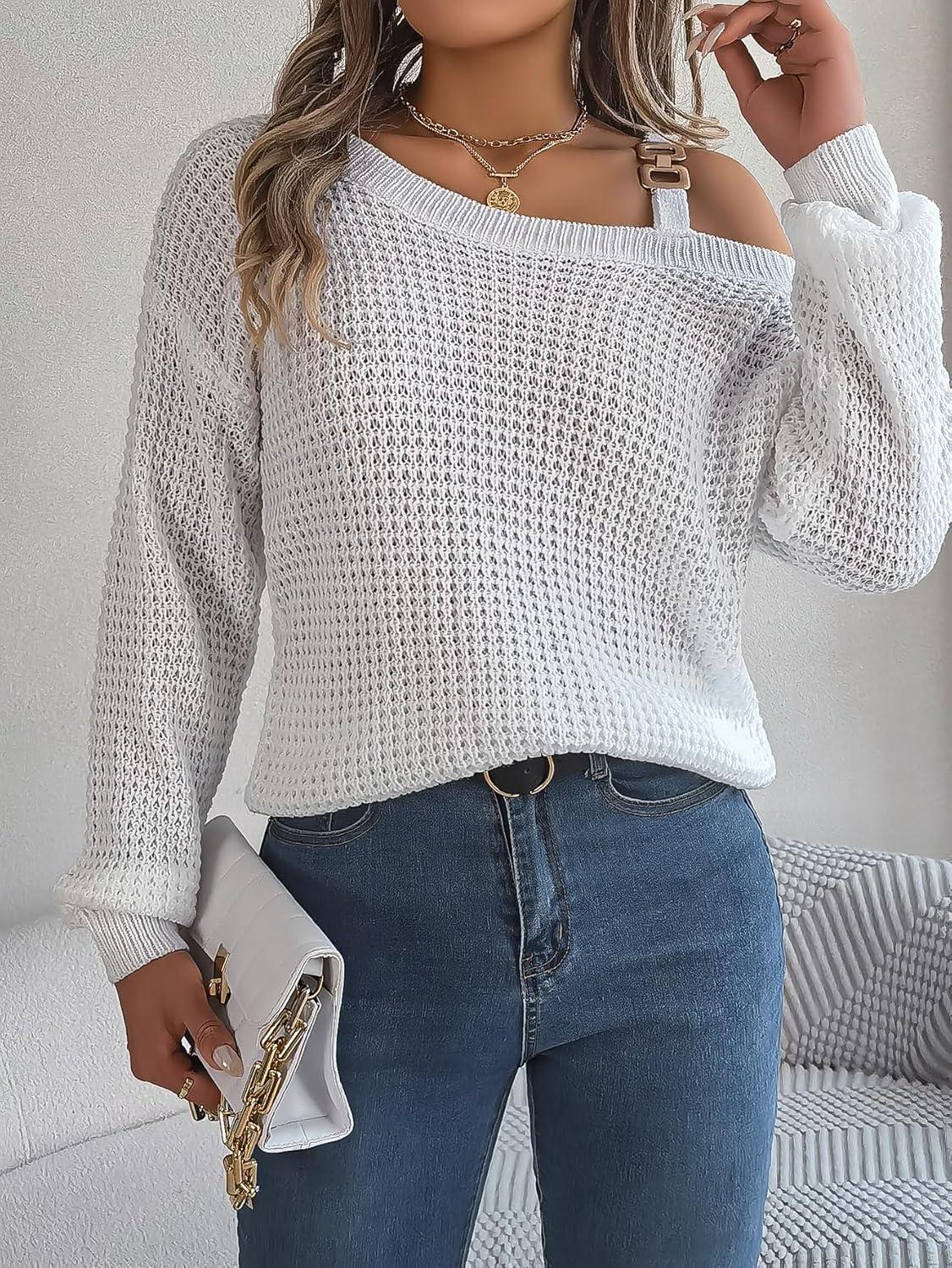 imagemeilun Off Shoulder Bell Sleeve Pullover Sweater with Metal Buckles DailyWhite