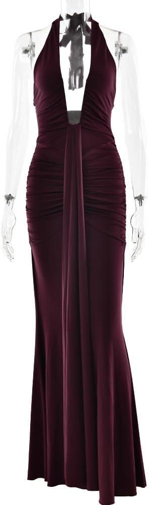 imagemeilun Rosetta Maxi Dress Hanging Neck Deep V Waist Long Backless Fluttering Fishtail DressesWine