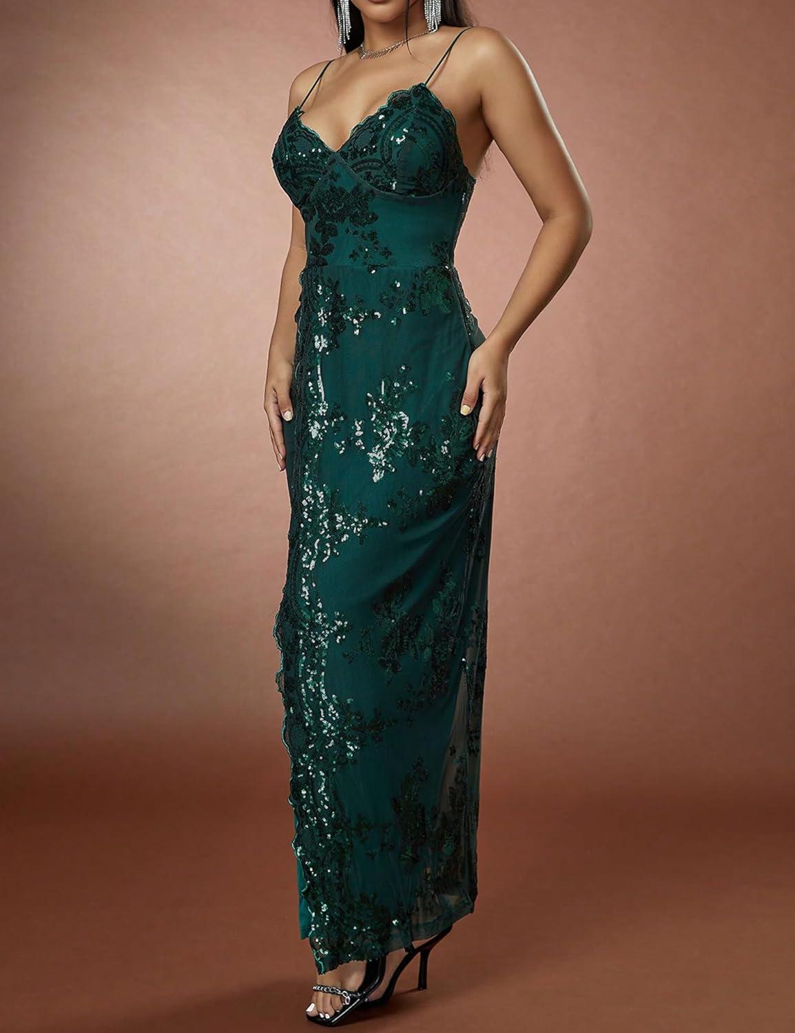 imagemeilun Sparkly Spaghrtti Strap Sequin Formal Dress Evening Gowns High Slit Long Prom Wedding Guest DressAgreen