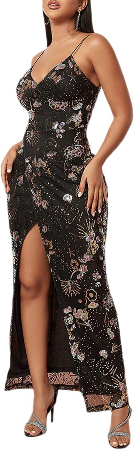 imagemeilun Sparkly Spaghrtti Strap Sequin Formal Dress Evening Gowns High Slit Long Prom Wedding Guest DressBblack