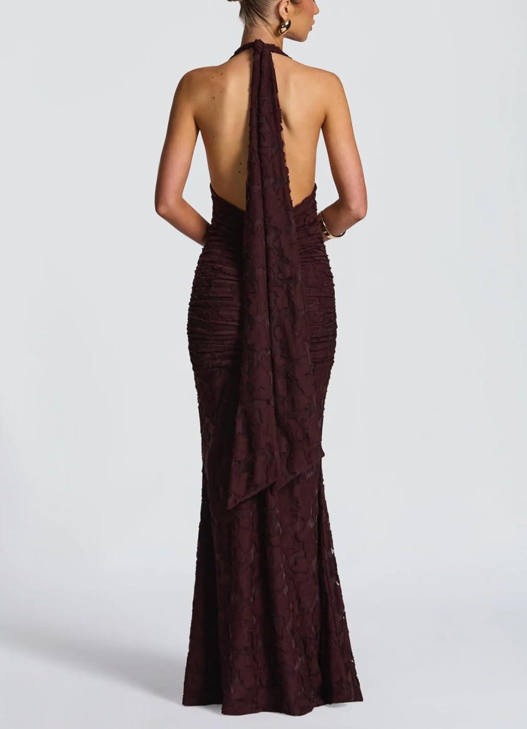 imagemeilun Tie Pleated Maxi Dress Deep V Neck Backless Hip Embroidered Dresses Holiday Seaside PartyBrown