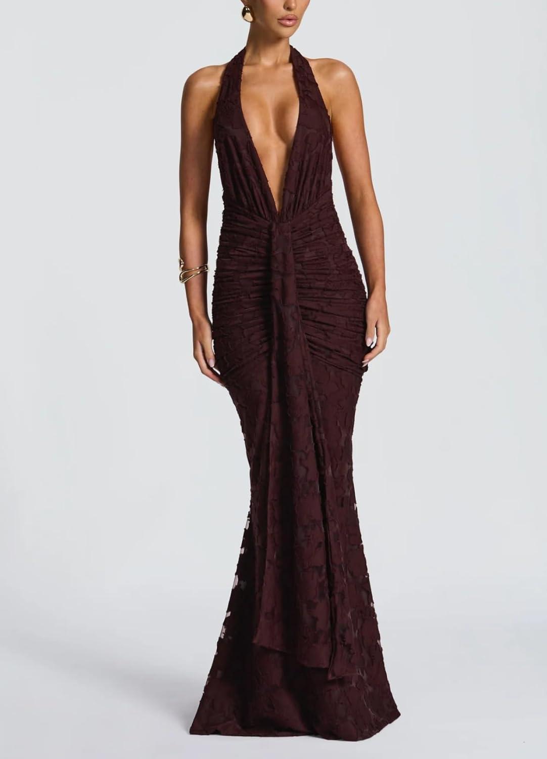 imagemeilun Tie Pleated Maxi Dress Deep V Neck Backless Hip Embroidered Dresses Holiday Seaside PartyBrown