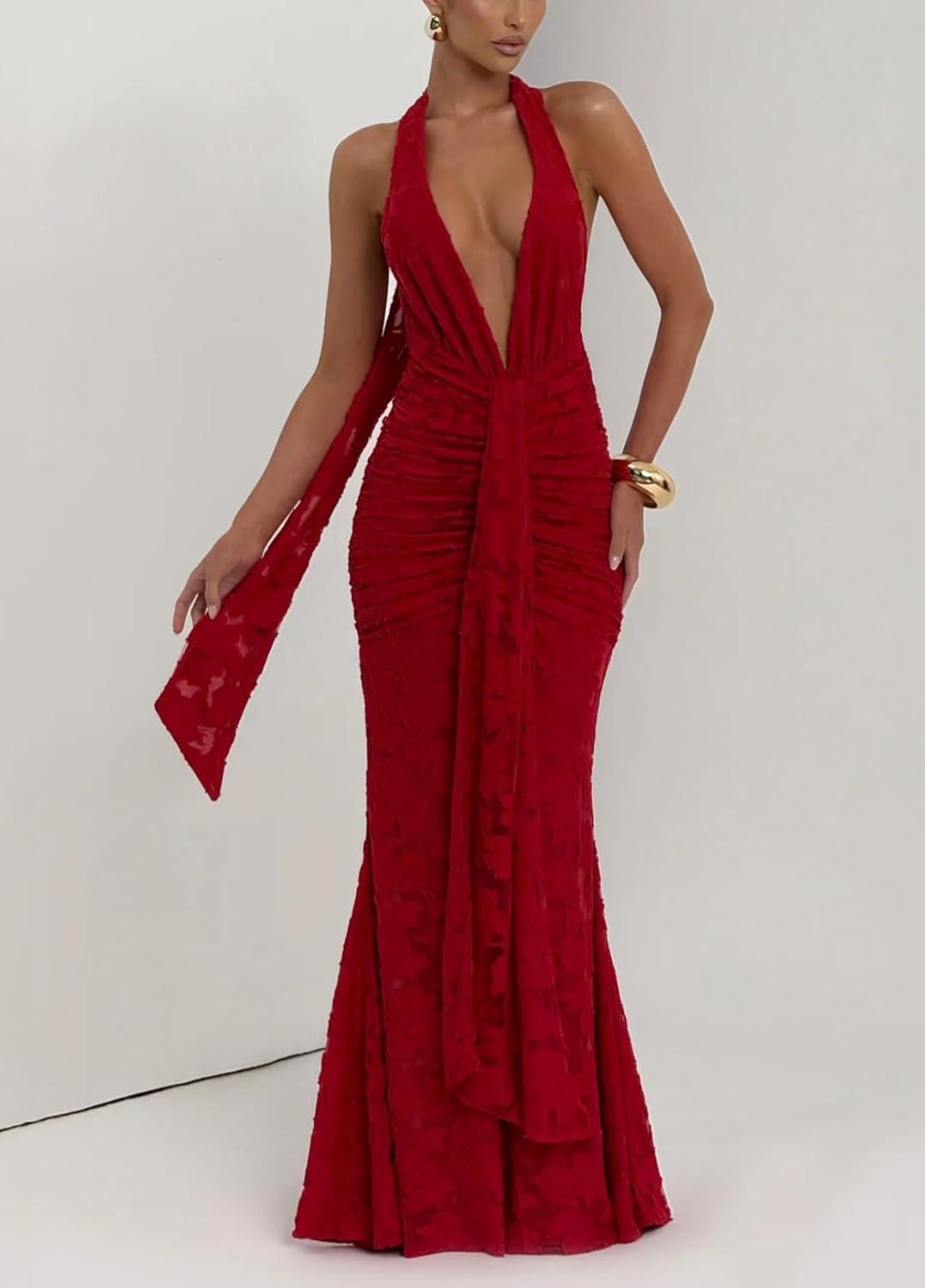 imagemeilun Tie Pleated Maxi Dress Deep V Neck Backless Hip Embroidered Dresses Holiday Seaside PartyRed