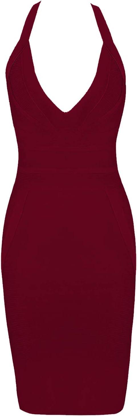 imagemeilun Womens V Neck Strap Midi Length Bodycon Bandage Party Dress L Wine1