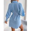 Casual Lantern Sleeve Shirt Dress with Cinched Waist and Asymmetrical Dresses(Blue)