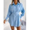 Casual Lantern Sleeve Shirt Dress with Cinched Waist and Asymmetrical Dresses(Blue)
