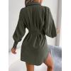 Casual Lantern Sleeve Shirt Dress with Cinched Waist and Asymmetrical Dresses(Green)