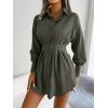 Casual Lantern Sleeve Shirt Dress with Cinched Waist and Asymmetrical Dresses(Green)
