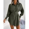 Casual Lantern Sleeve Shirt Dress with Cinched Waist and Asymmetrical Dresses(Green)