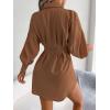 Casual Lantern Sleeve Shirt Dress with Cinched Waist and Asymmetrical Dresses(Khaki)