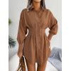 Casual Lantern Sleeve Shirt Dress with Cinched Waist and Asymmetrical Dresses(Khaki)