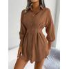 Casual Lantern Sleeve Shirt Dress with Cinched Waist and Asymmetrical Dresses(Khaki)