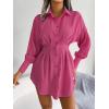 Casual Lantern Sleeve Shirt Dress with Cinched Waist and Asymmetrical Dresses(Rose)