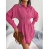 Casual Lantern Sleeve Shirt Dress with Cinched Waist and Asymmetrical Dresses(Rose)