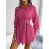 Casual Lantern Sleeve Shirt Dress with Cinched Waist and Asymmetrical Dresses(Rose)