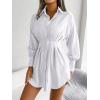 Casual Lantern Sleeve Shirt Dress with Cinched Waist and Asymmetrical Dresses(White)