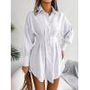 Casual Lantern Sleeve Shirt Dress with Cinched Waist and Asymmetrical Dresses(White)