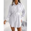 Casual Lantern Sleeve Shirt Dress with Cinched Waist and Asymmetrical Dresses(White)