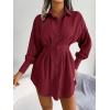 Casual Lantern Sleeve Shirt Dress with Cinched Waist and Asymmetrical Dresses(Wine)