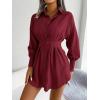 Casual Lantern Sleeve Shirt Dress with Cinched Waist and Asymmetrical Dresses(Wine)