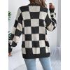 Contrast-Color Checkered Lantern Sleeve Cardigan Sweater Mid-Length Coat(Black)
