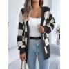 Contrast-Color Checkered Lantern Sleeve Cardigan Sweater Mid-Length Coat(Black)