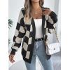 Contrast-Color Checkered Lantern Sleeve Cardigan Sweater Mid-Length Coat(Black)