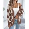 Contrast-Color Checkered Lantern Sleeve Cardigan Sweater Mid-Length Coat(Coffee)