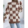 Contrast-Color Checkered Lantern Sleeve Cardigan Sweater Mid-Length Coat(Coffee)