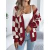 Contrast-Color Checkered Lantern Sleeve Cardigan Sweater Mid-Length Coat(Wine)