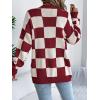 Contrast-Color Checkered Lantern Sleeve Cardigan Sweater Mid-Length Coat(Wine)