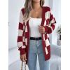 Contrast-Color Checkered Lantern Sleeve Cardigan Sweater Mid-Length Coat(Wine)