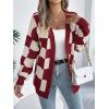 Contrast-Color Checkered Lantern Sleeve Cardigan Sweater Mid-Length Coat(Wine)