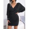 Cross-Front Deep V-Neck Batwing Skirt Fitted Wool Dress for Fall/Winter Banquets(Black)