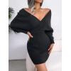 Cross-Front Deep V-Neck Batwing Skirt Fitted Wool Dress for Fall/Winter Banquets(Black)