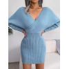Cross-Front Deep V-Neck Batwing Skirt Fitted Wool Dress for Fall/Winter Banquets(Blue)