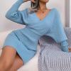 Cross-Front Deep V-Neck Batwing Skirt Fitted Wool Dress for Fall/Winter Banquets(Blue)