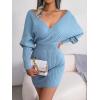 Cross-Front Deep V-Neck Batwing Skirt Fitted Wool Dress for Fall/Winter Banquets(Blue)